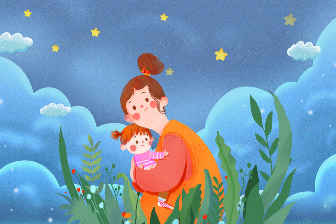 夜晚妈妈抱着孩子看星星插画