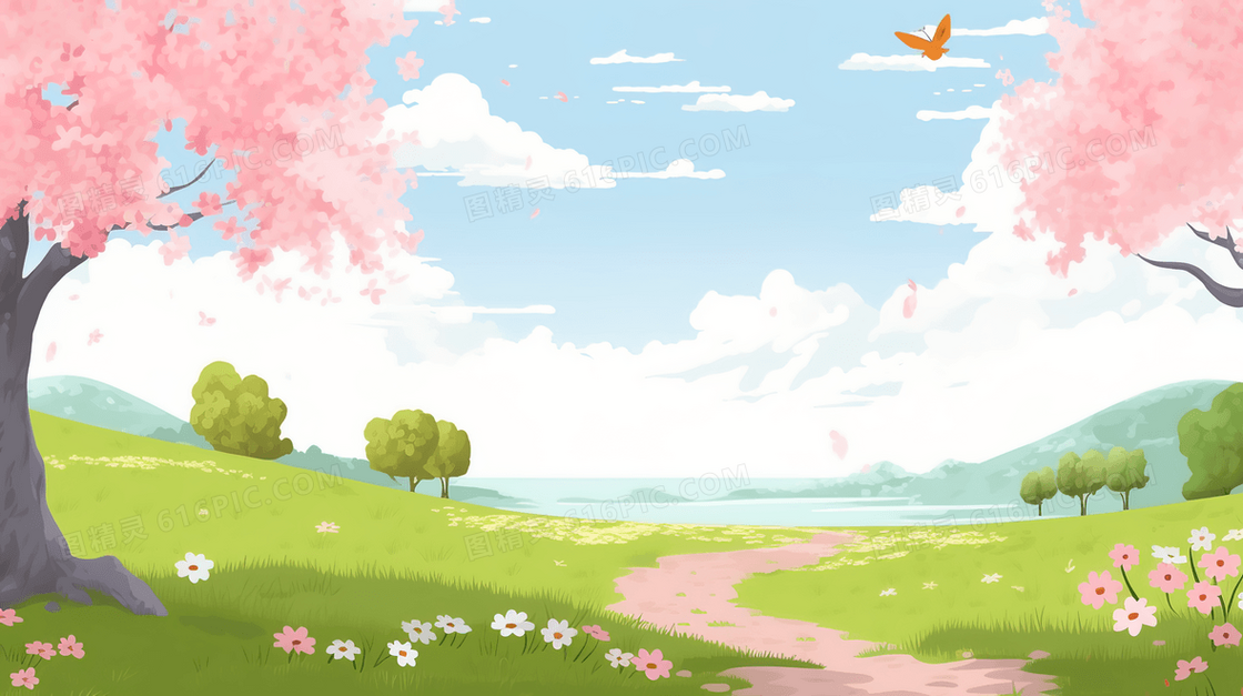 草原的乡间小道边的粉色樱花树插画