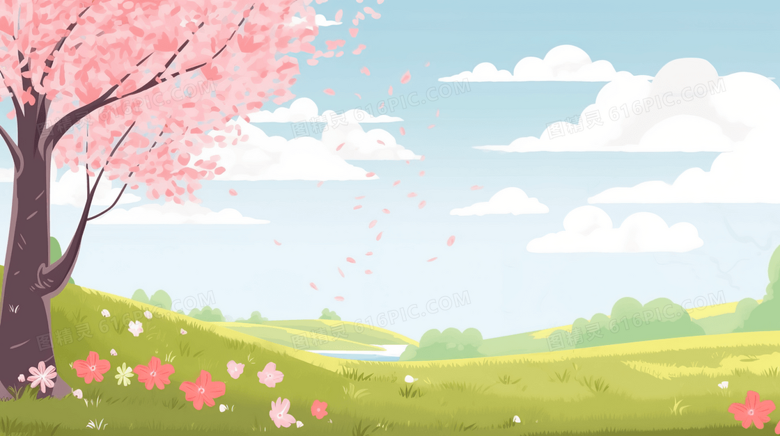 草原的乡间小道边的粉色樱花树插画