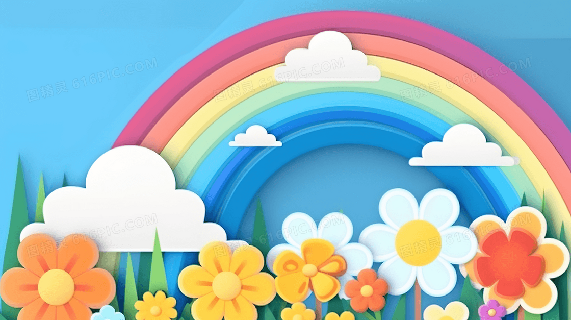 可爱的彩虹云朵和鲜花花田插画