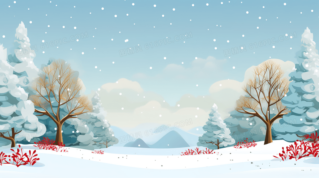 冬季下雪中的雪地森林插画