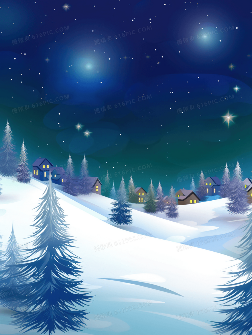 冬季星空下的森林小乡村插画