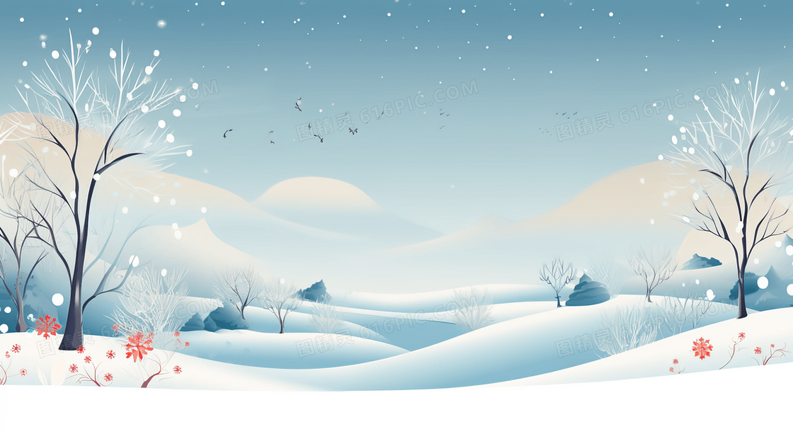 冬季下雪中的雪地森林插画