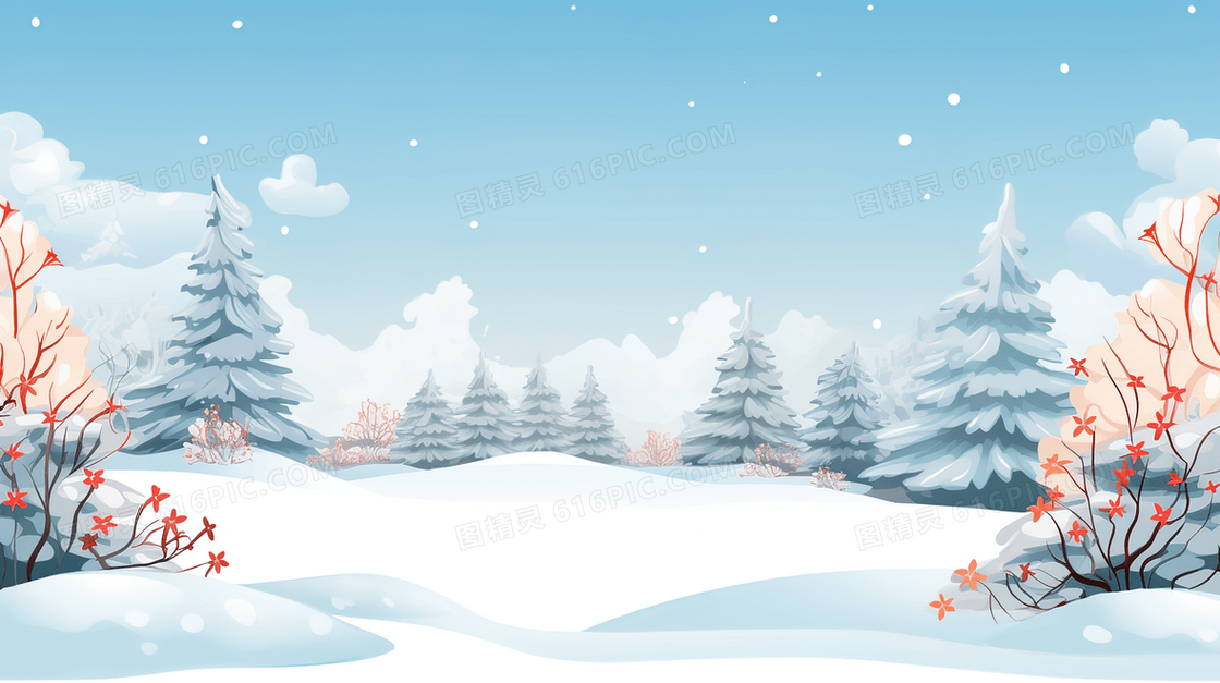 冬季雪中的雪地森林插画