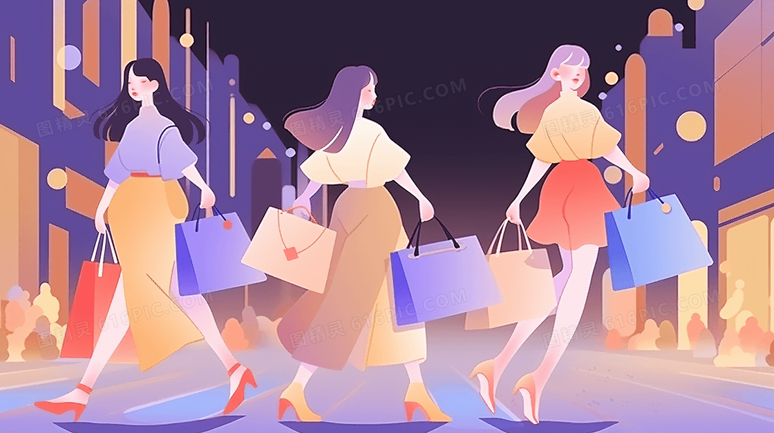 女孩们购物逛街插画