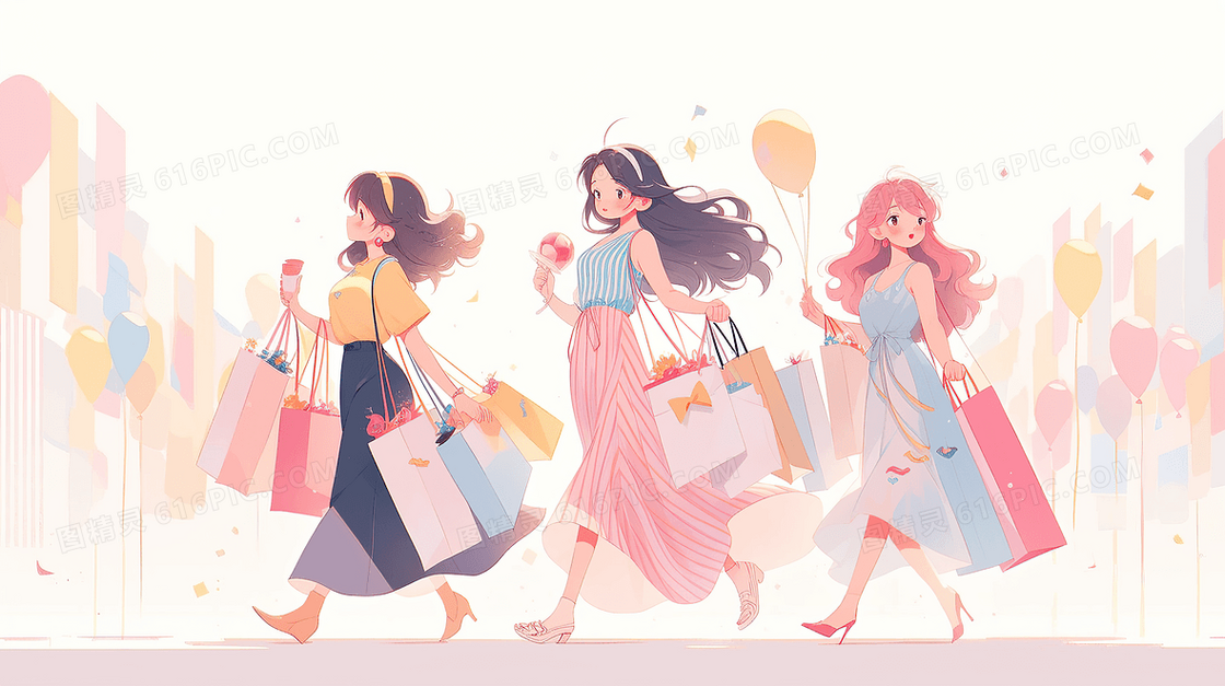 女孩们购物逛街插画