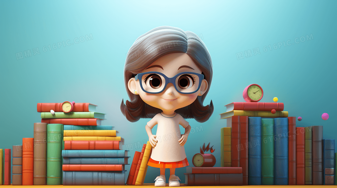 3D戴眼镜的图书管理员插画