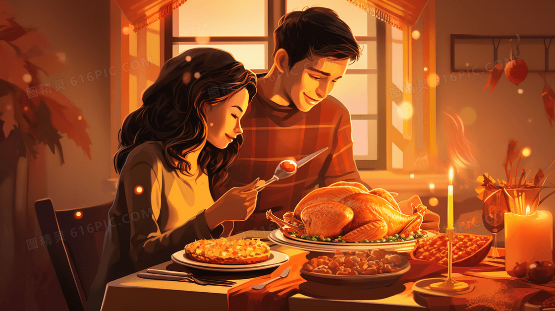 吃感恩节大餐的情侣插画