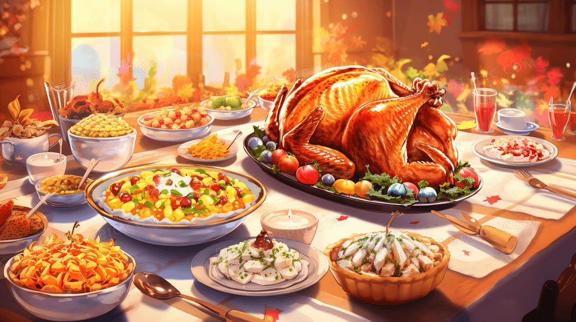 一桌美味的感恩节美食插画