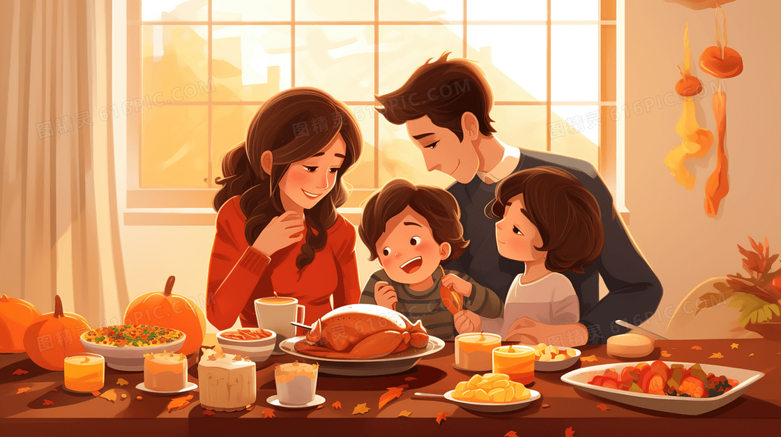 一起享用感恩节美食的一家四口插画