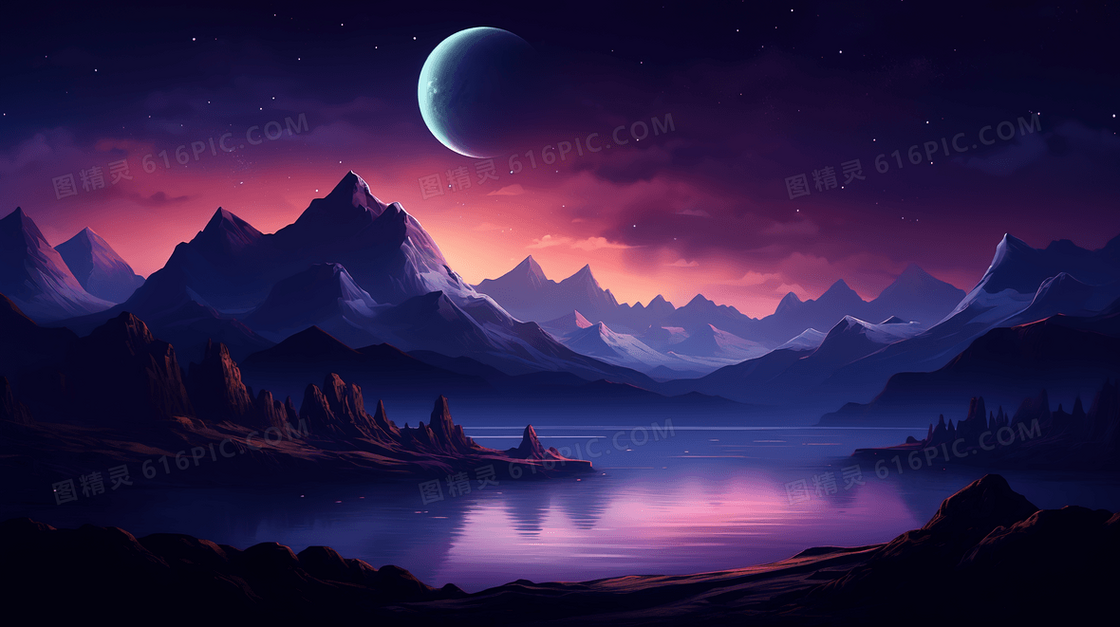 紫色高山夜晚炫酷插画