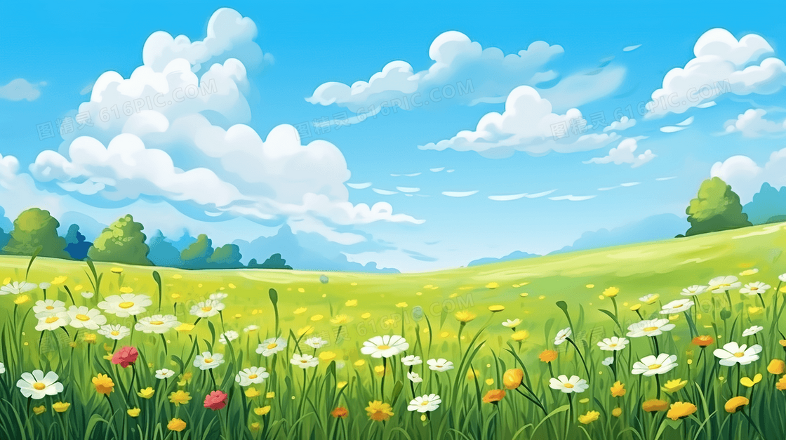 春天田野生机勃勃景象插画