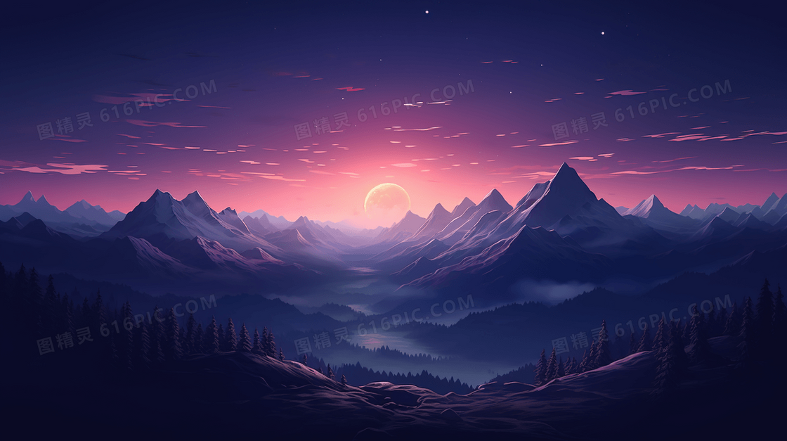 紫色高山夜晚炫酷插画