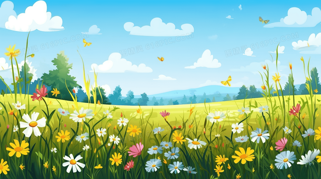 春天田野生机勃勃景象插画
