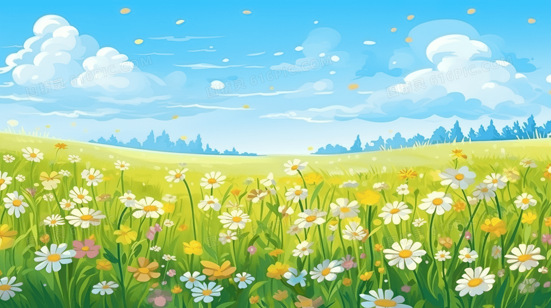 春天田野生机勃勃景象插画