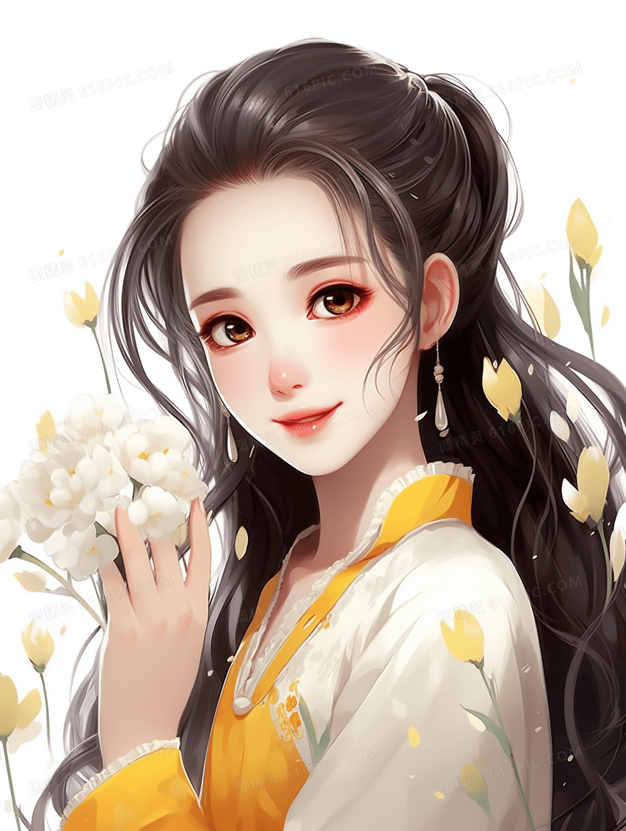 手捧鲜花的长发美丽女孩插画