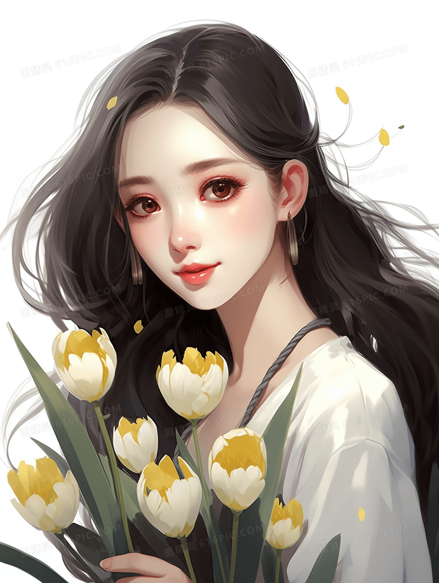 手捧鲜花的长发美丽女孩插画