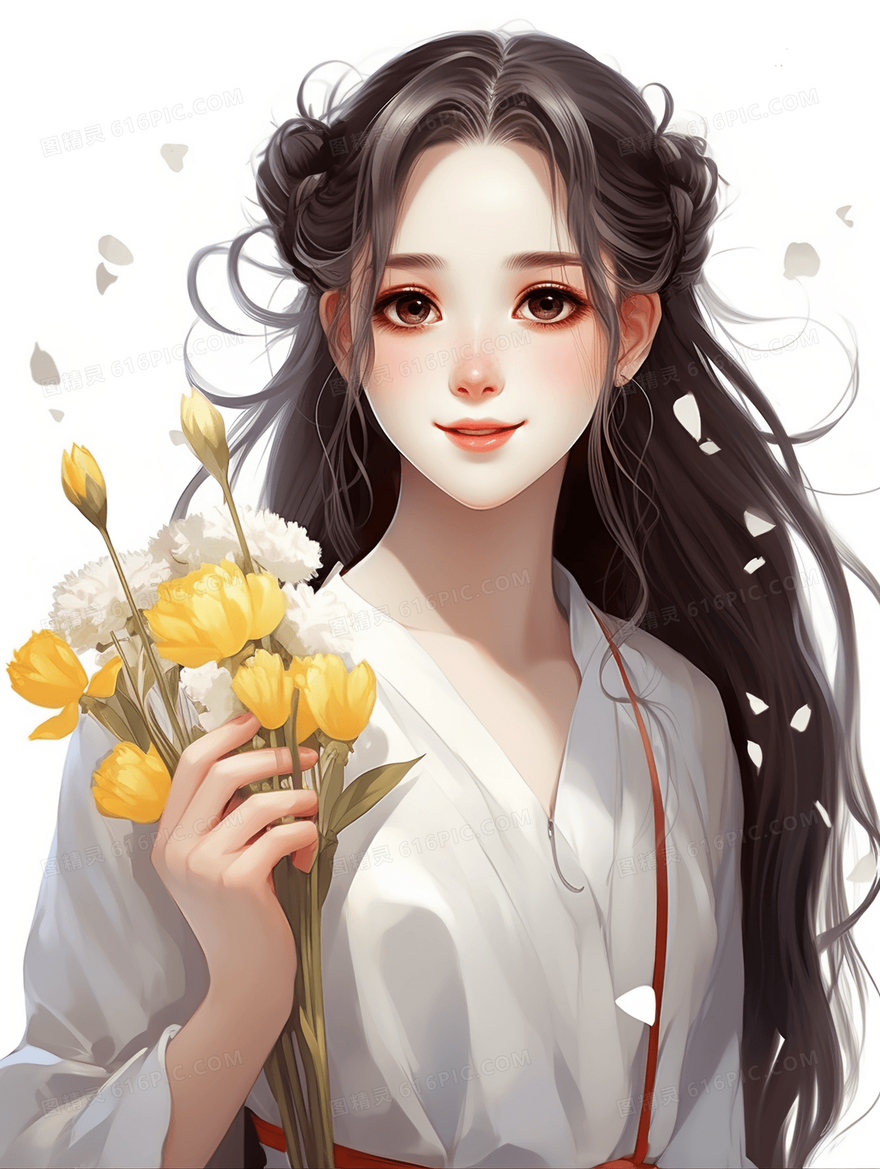 手捧鲜花的长发美丽女孩插画