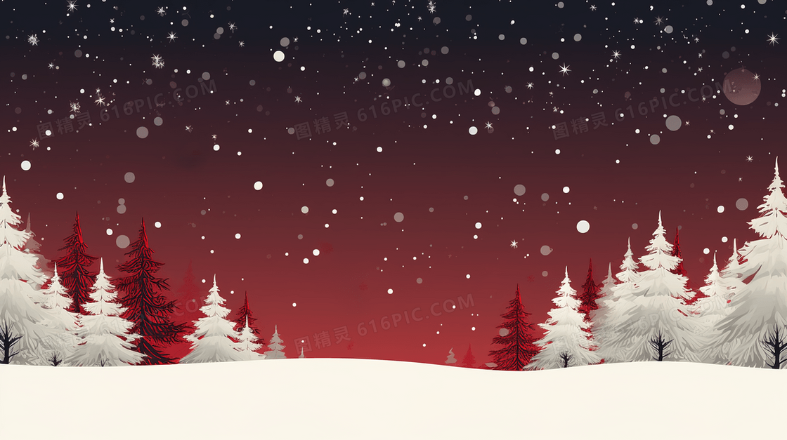 红色冬季松树林风景插画
