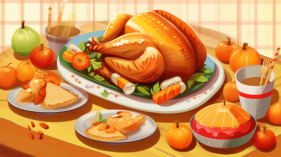美味的感恩节烤鸡插画