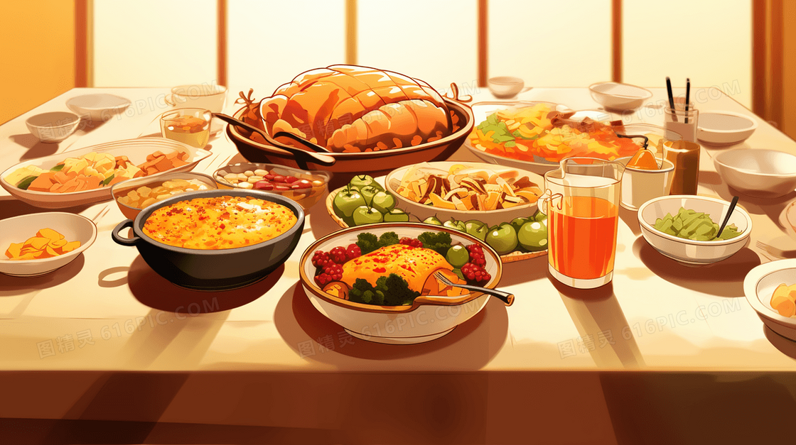 一桌丰盛的传统美食插画