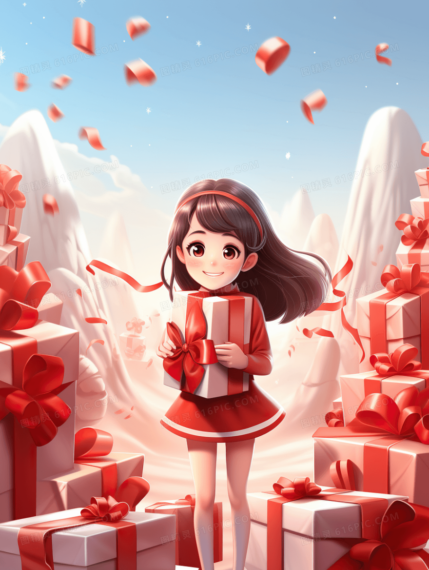 红色喜庆场景女孩抱着礼盒插画