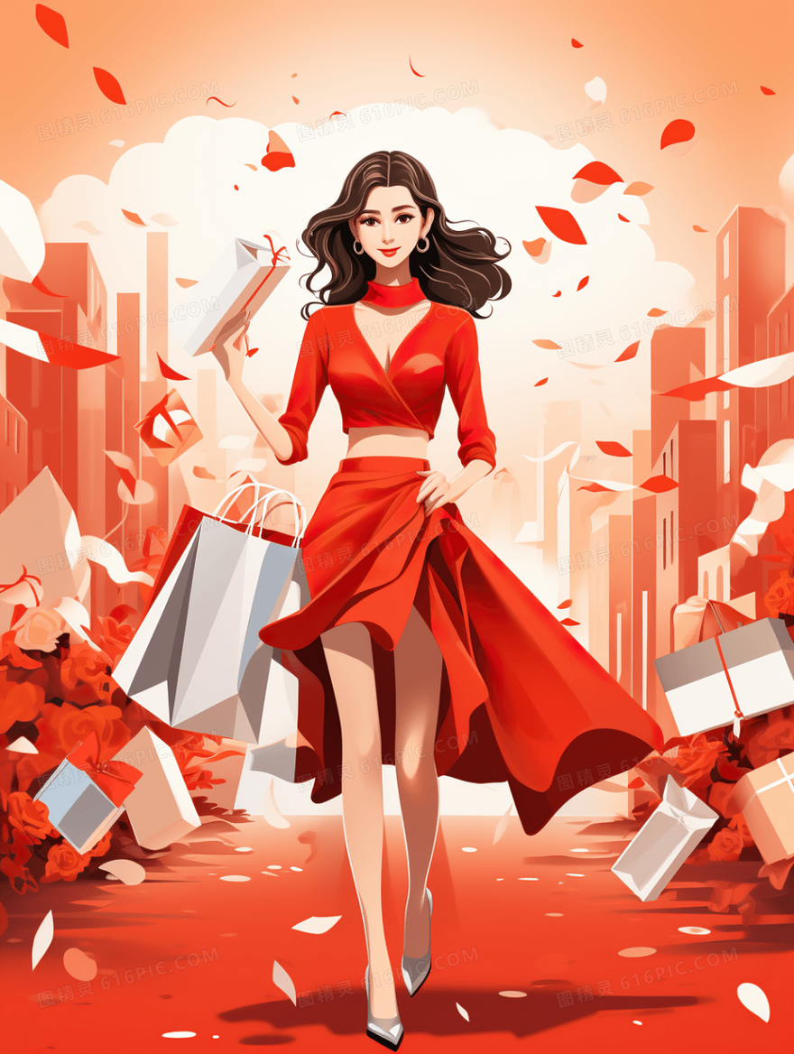 红色喜庆场景女孩购物年货节购物促销插画