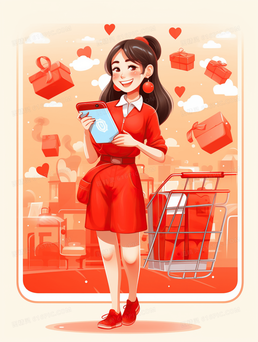 红色喜庆场景女孩购物年货节购物促销插画