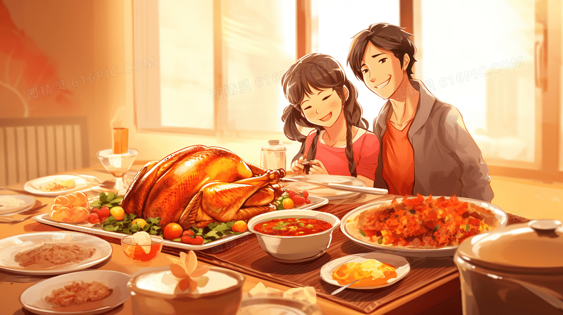 一起享用感恩节美食的情侣插画