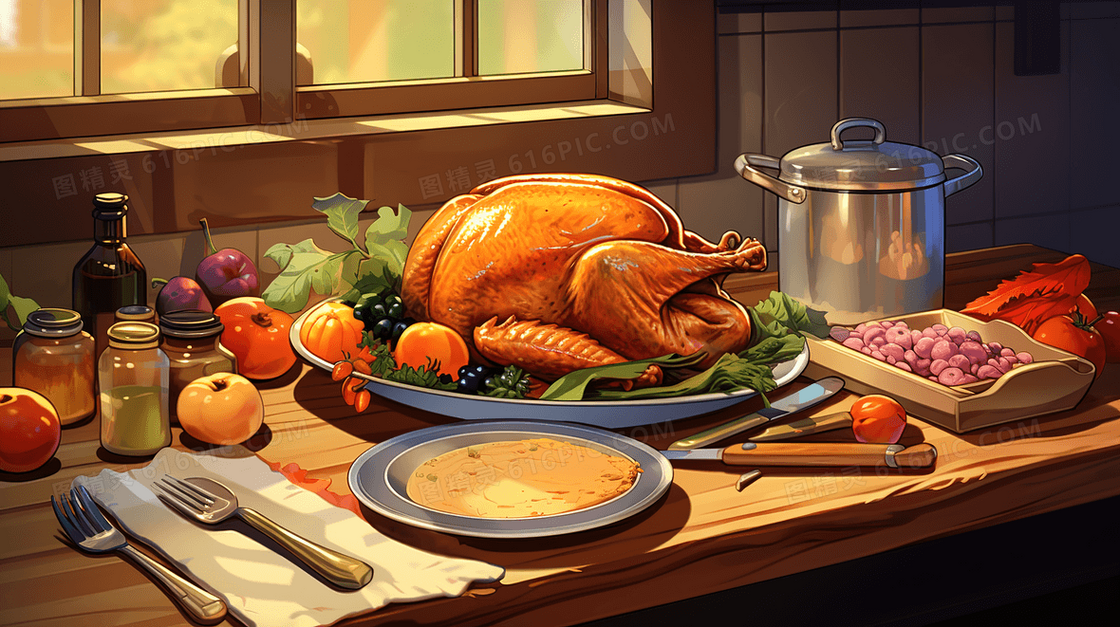 一桌美味的感恩节火鸡美食插画