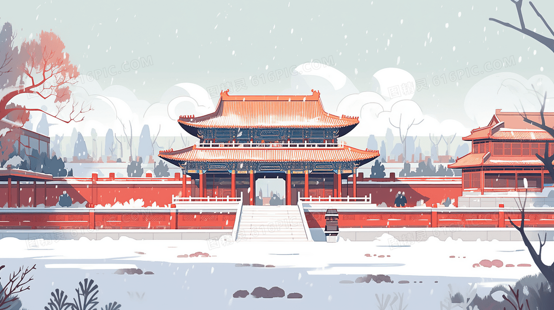 冬季雪中中国古城建筑插画