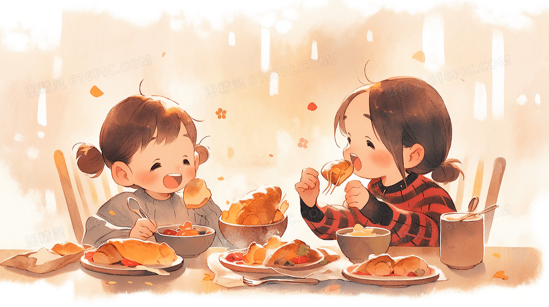 两个个小孩感恩节吃大餐手绘插画