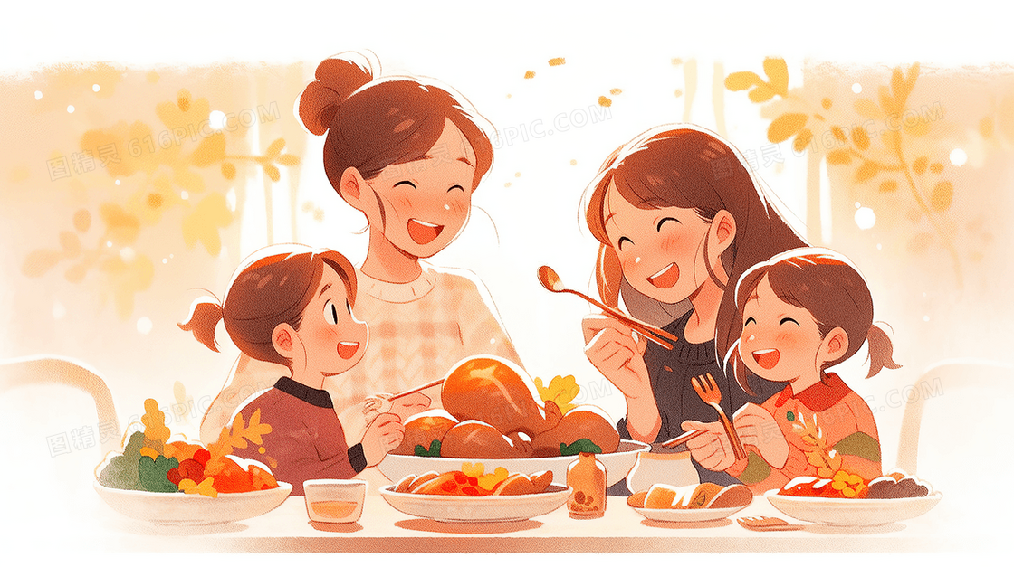 感恩节一家人吃大餐手绘插画