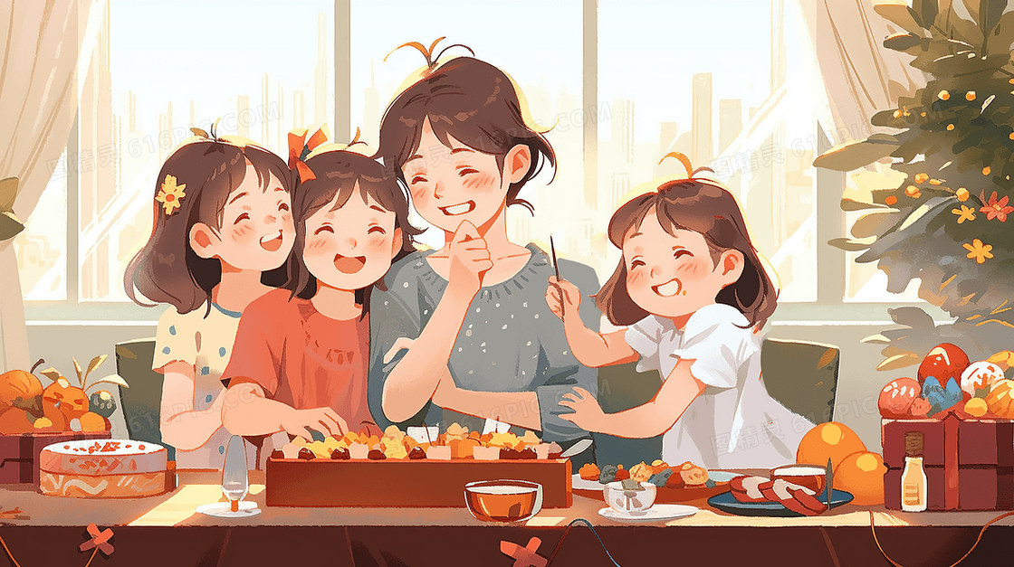 一家人感恩节吃大餐手绘插画