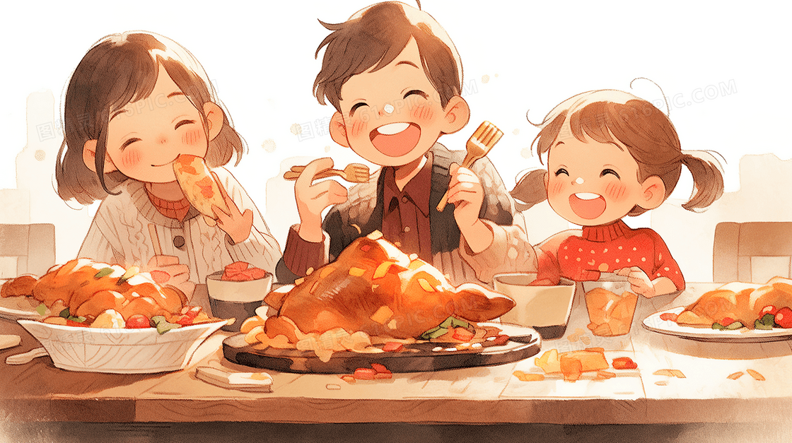 三个小孩感恩节吃大餐手绘插画