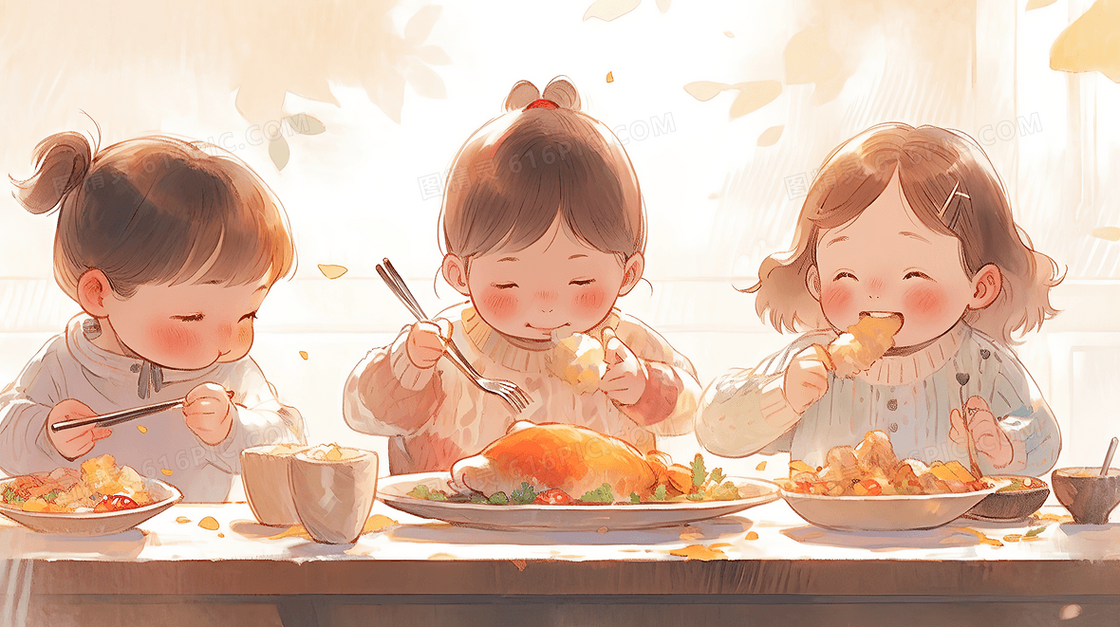 三个小孩感恩节吃大餐手绘插画