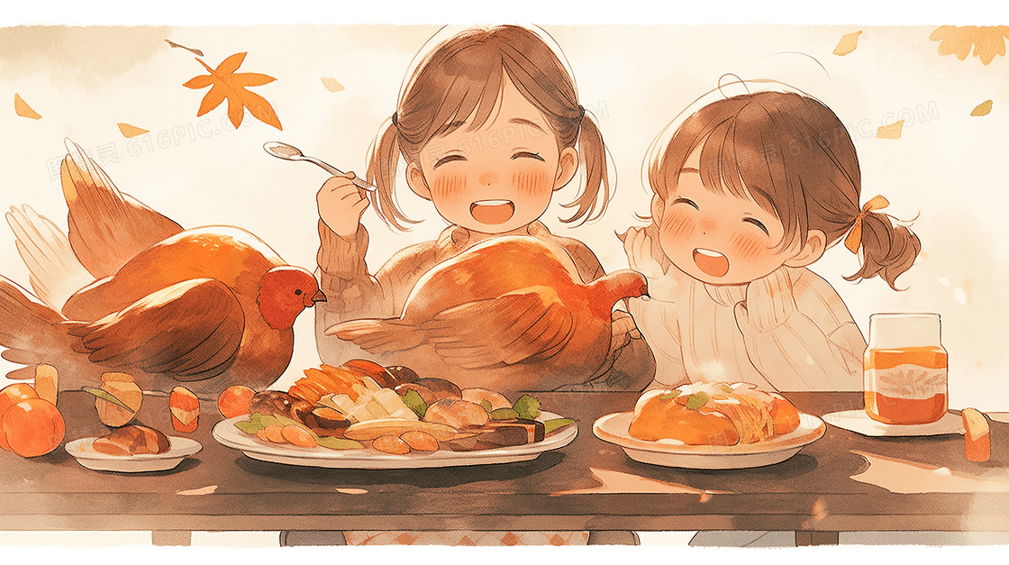 两个个小孩感恩节吃大餐手绘插画