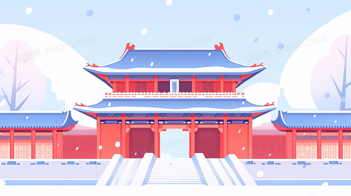 冬季雪中中国古城建筑插画