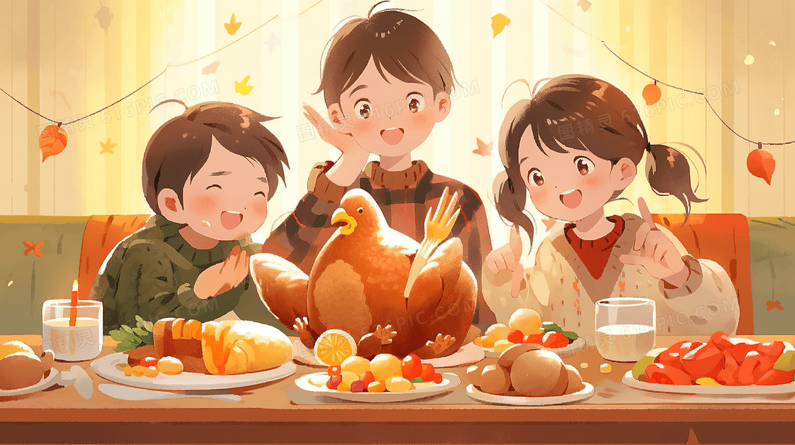 三个孩子吃感恩节大餐手绘插画