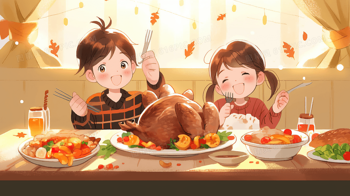 两个个孩子吃感恩节大餐手绘插画