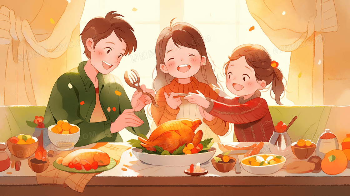 一家人吃感恩节大餐手绘插画