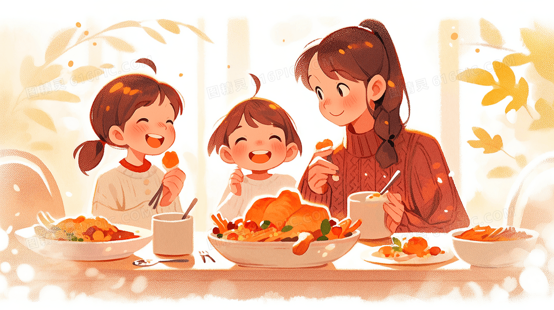 感恩节一家人吃大餐手绘插画