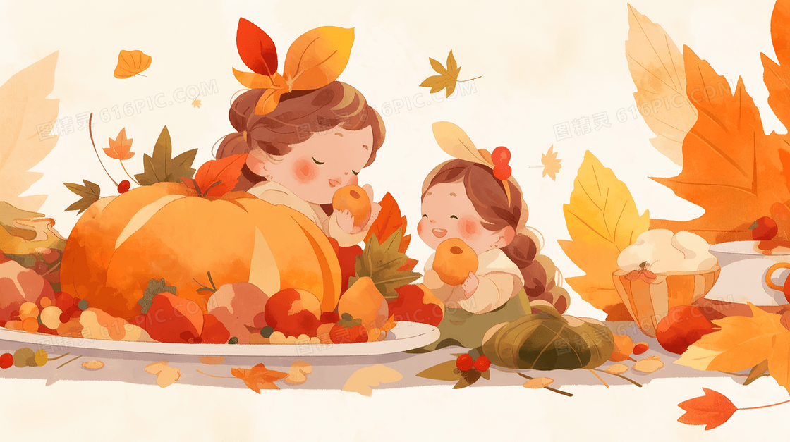两个孩子吃感恩节大餐手绘插画
