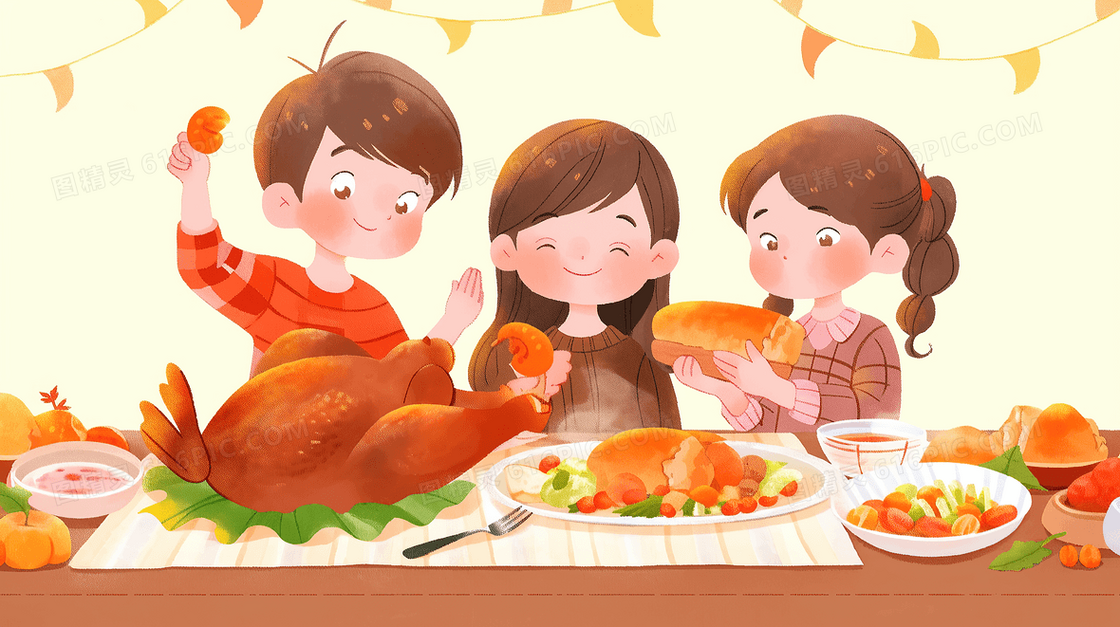 三个孩子吃感恩节大餐手绘插画
