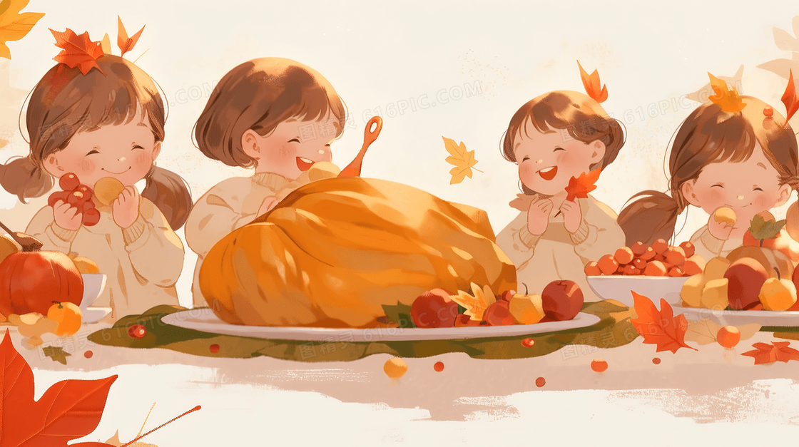 四个个孩子吃感恩节大餐手绘插画