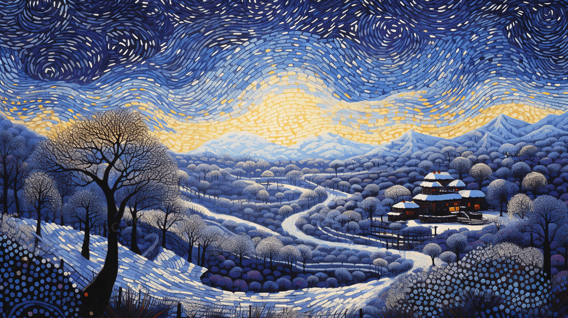 冬日山林雪地里的夜空梵高画风插画