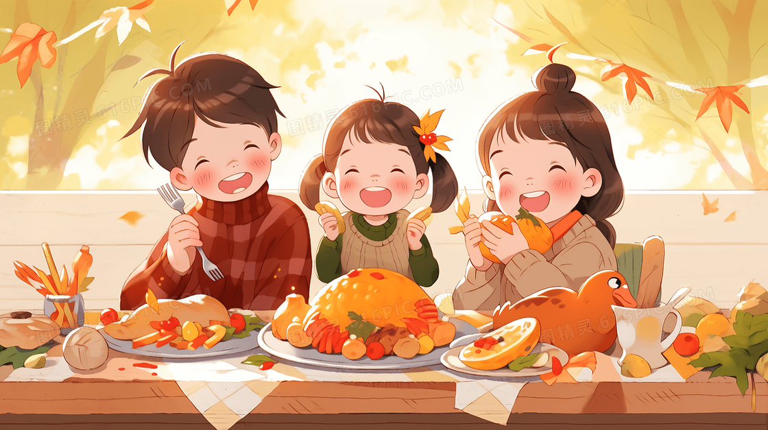 一家人吃感恩节大餐手绘插画