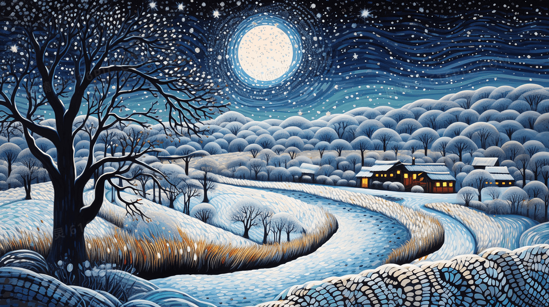 冬日山林雪地里的夜空梵高画风插画