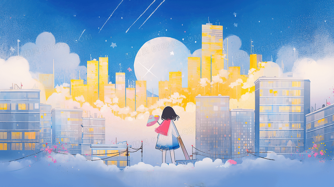 粉刷城市的女孩梦幻唯美插画
