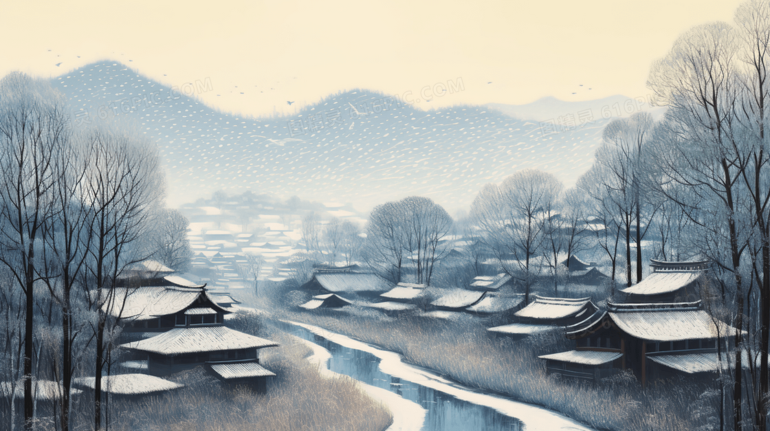 冬季山林唯美雪景插画